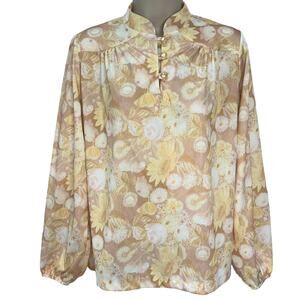 Vintage Nikki 1/4 Button Long Sleeve Blouse Yellow Neutral Floral 70s Disco M